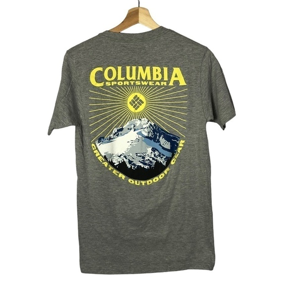 Columbia Gray & Yellow Mountain Back Graphic Short Sleeve T-Shirt S - Picture 1 of 4